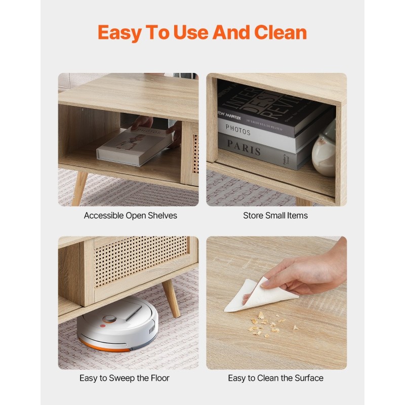 Sohvapöytä suorakulmainen kaksitasoinen MDF pöytätaso PE rottinki liukuovilla massiivipuujalat 105 cm