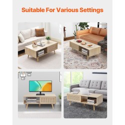 Sohvapöytä suorakulmainen kaksitasoinen MDF pöytätaso PE rottinki liukuovilla massiivipuujalat 105 cm