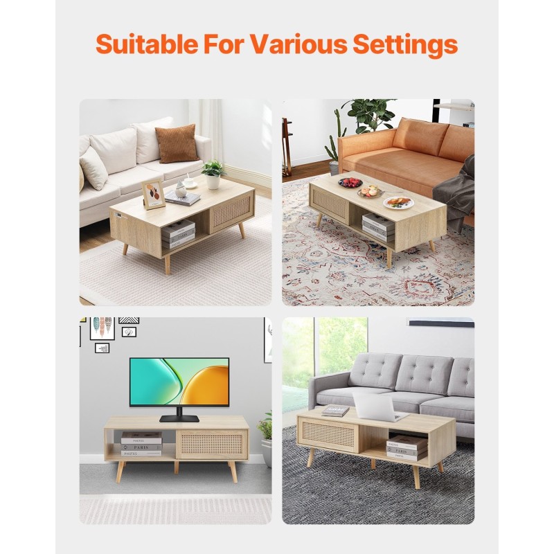 Sohvapöytä suorakulmainen kaksitasoinen MDF pöytätaso PE rottinki liukuovilla massiivipuujalat 105 cm