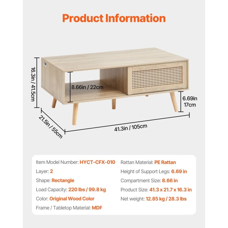 Sohvapöytä suorakulmainen kaksitasoinen MDF pöytätaso PE rottinki liukuovilla massiivipuujalat 105 cm