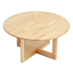 Sohvapöytä pyöreä rottinkinen kumipuinen pöytätaso 85 cm halkaisija korkeus 42 cm säilytöhylly