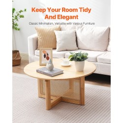 Sohvapöytä pyöreä rottinkinen kumipuinen pöytätaso 85 cm halkaisija korkeus 42 cm säilytöhylly