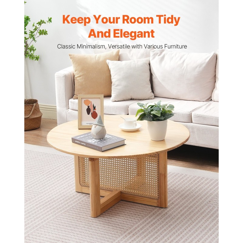 Sohvapöytä pyöreä rottinkinen kumipuinen pöytätaso 85 cm halkaisija korkeus 42 cm säilytöhylly