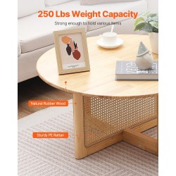 Sohvapöytä pyöreä rottinkinen kumipuinen pöytätaso 85 cm halkaisija korkeus 42 cm säilytöhylly