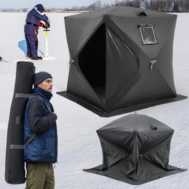 Jääkalastusteltta pop-up-rakenne 300D Oxford-kangas 2,3x2,3 m 3–4 henkilölle musta