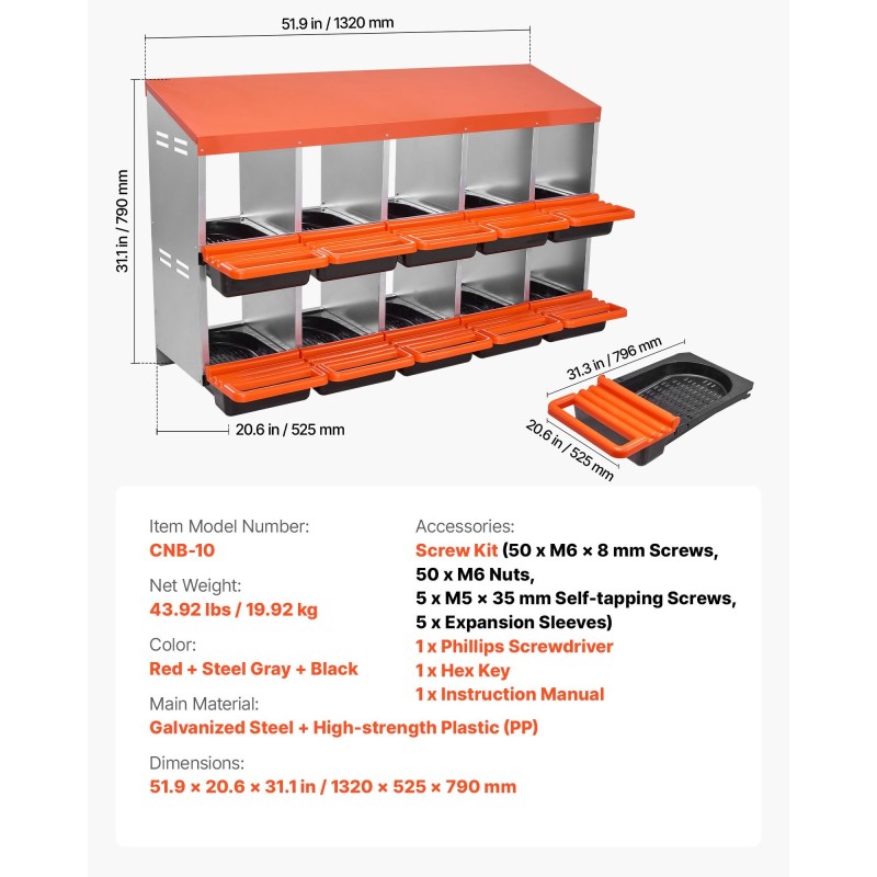 Kanan pesälaatikko 10-osastoinen galvanoitua terästä ja lujamuovia kallistetuilla pesillä