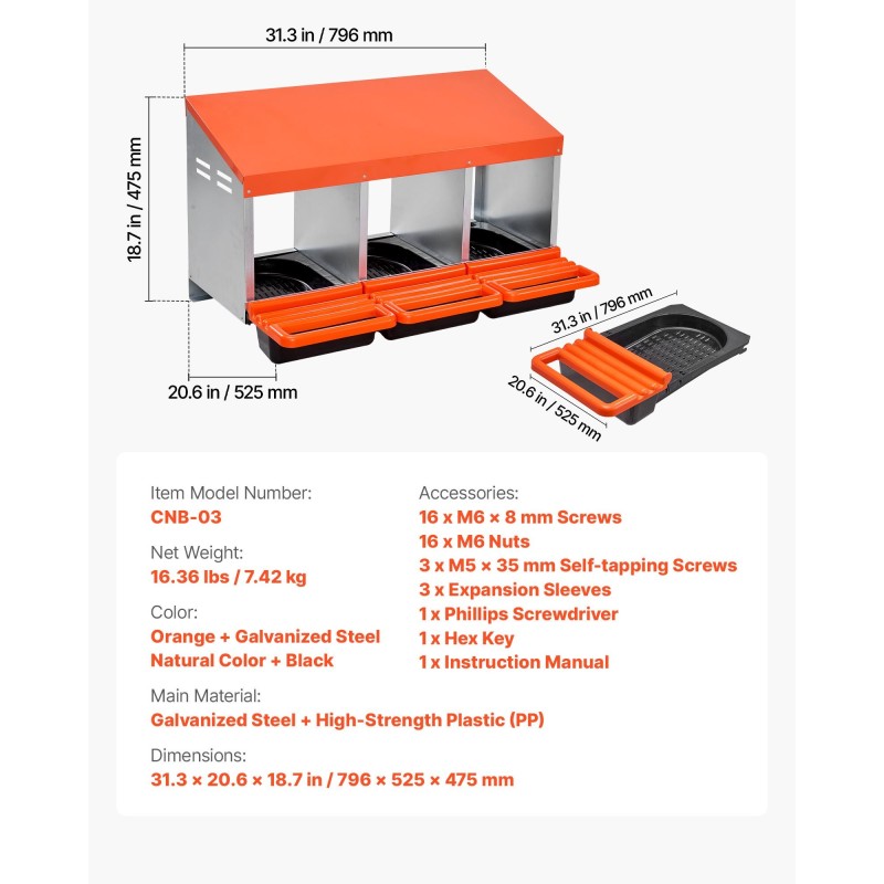 3-osastoinen kana- ja munintapesä galvanoidusta teräksestä ja polypropeenista 15–30 kanalle
