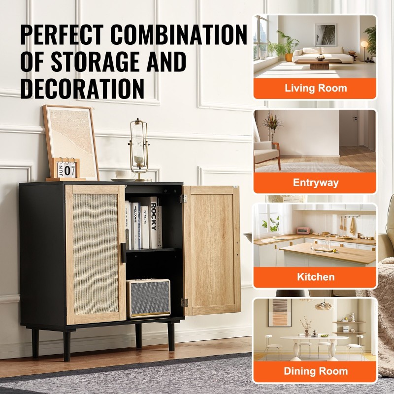 Rottinkikaappi luonnonrottinkiovilla musta runko 2 ovea säädettävät hyllyt magneettilukot