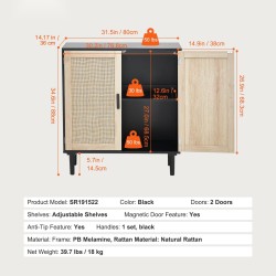 Rottinkikaappi luonnonrottinkiovilla musta runko 2 ovea säädettävät hyllyt magneettilukot