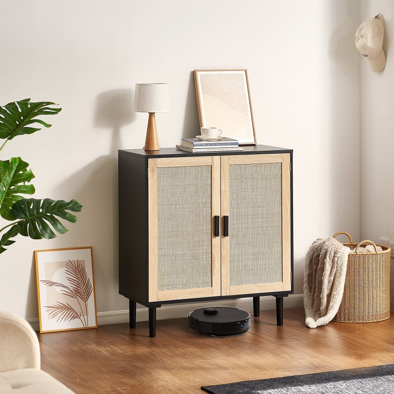 Rottinkikaappi luonnonrottinkiovilla musta runko 2 ovea säädettävät hyllyt magneettilukot