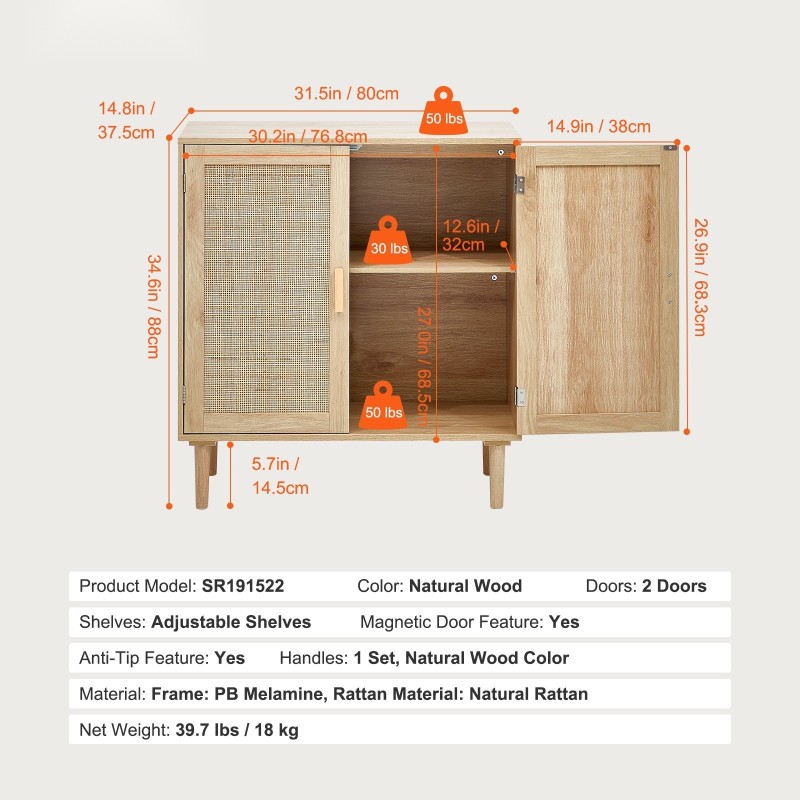 Rottinkikaappi melamiinirungolla luonnollinen puunsävy 2 magneettista ovea säädettävät hyllyt