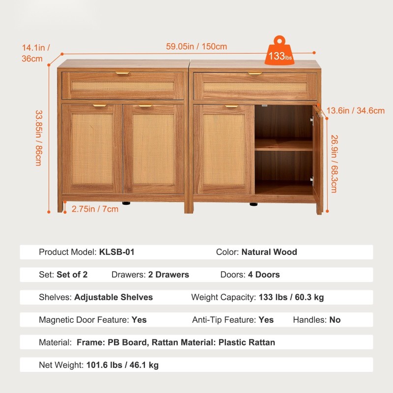 Rottinkikaappipari 2 kpl muovirottinki 4 magneettiovea 2 laatikkoa säädettävät hyllyt luonnonpuu