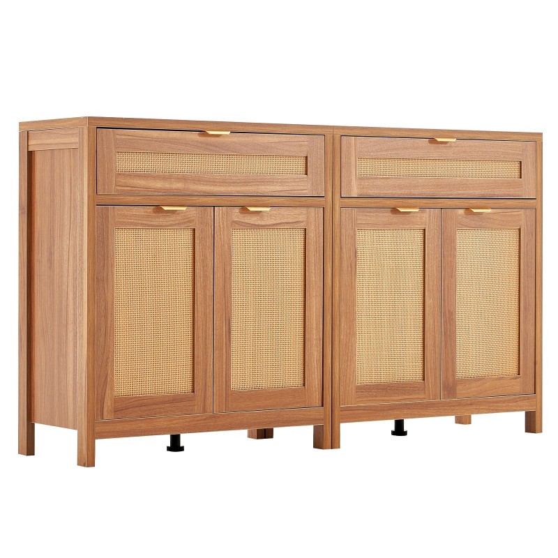 Rottinkikaappipari 2 kpl muovirottinki 4 magneettiovea 2 laatikkoa säädettävät hyllyt luonnonpuu