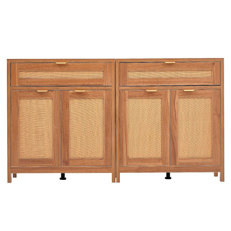 Rottinkikaappipari 2 kpl muovirottinki 4 magneettiovea 2 laatikkoa säädettävät hyllyt luonnonpuu