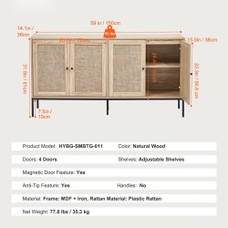 Rottinkityylinen säilytyskaappi MDF runko muovirottinkiovilla neljällä ovella säädettävillä hyllyillä kaatumissuojalla