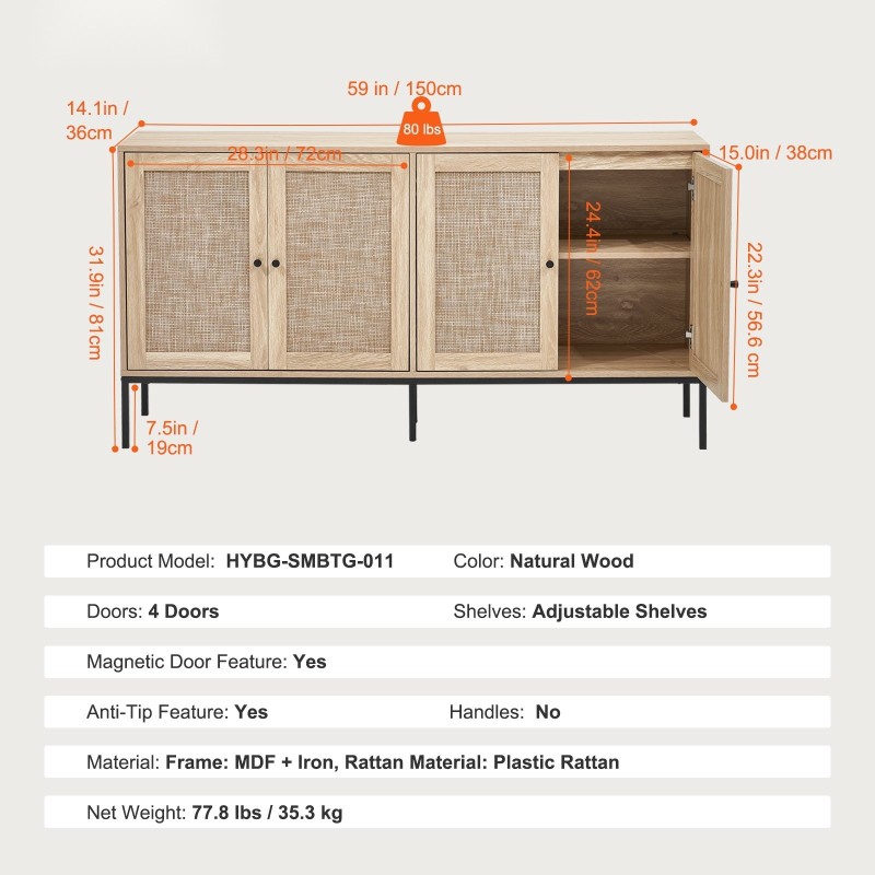 Rottinkityylinen säilytyskaappi MDF runko muovirottinkiovilla neljällä ovella säädettävillä hyllyillä kaatumissuojalla