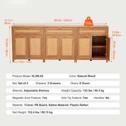 Rottinkikaappisetti kolmen kaapin muovirottinki luonnonpuu kuusi magneettiovea kolme laatikkoa säädettävät hyllyt