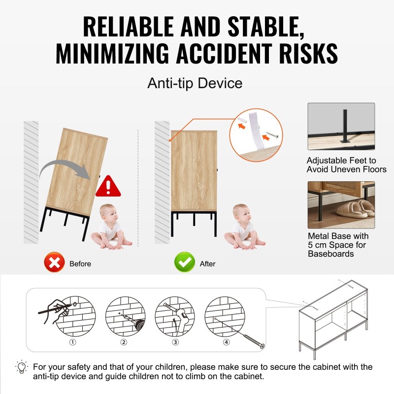 Rottinkikaappi muovirottinkiovilla MDF ja rautarunko 1200x360x800 mm 3 magneettiovea säädettävät hyllyt