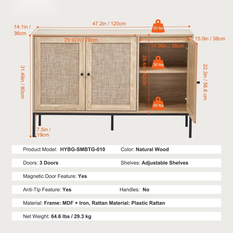 Rottinkikaappi muovirottinkiovilla MDF ja rautarunko 1200x360x800 mm 3 magneettiovea säädettävät hyllyt