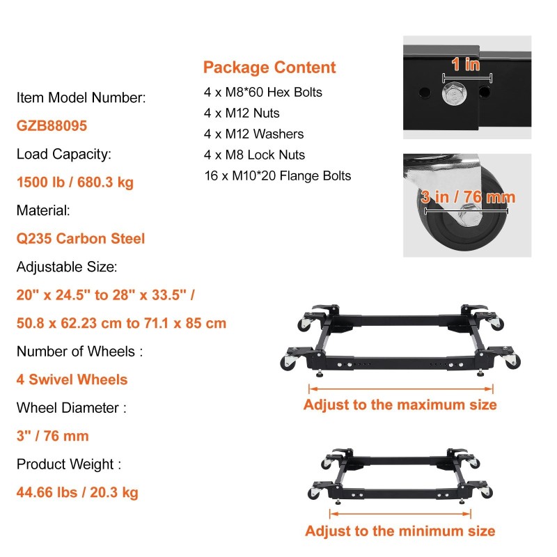 Siirrettävä teräsalusta säädettävä 508–711×622–850 mm 680 kg 4 lukittavaa kääntöpyörää