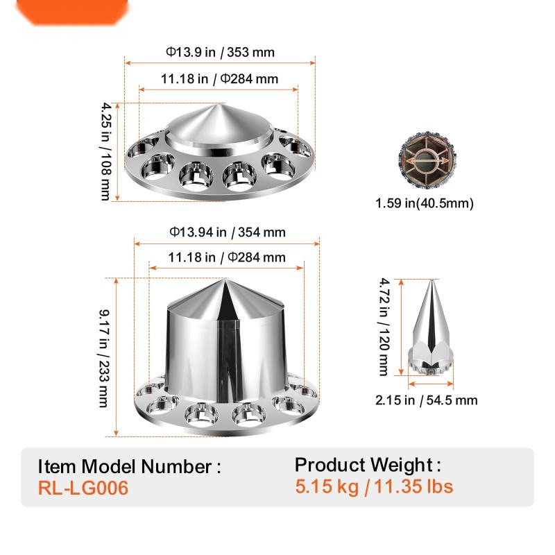 Akselinsuojasarja ABS hopeanvärinen piikkimallinen 2 etu ja 4 taka 10-reikäisille vanteille