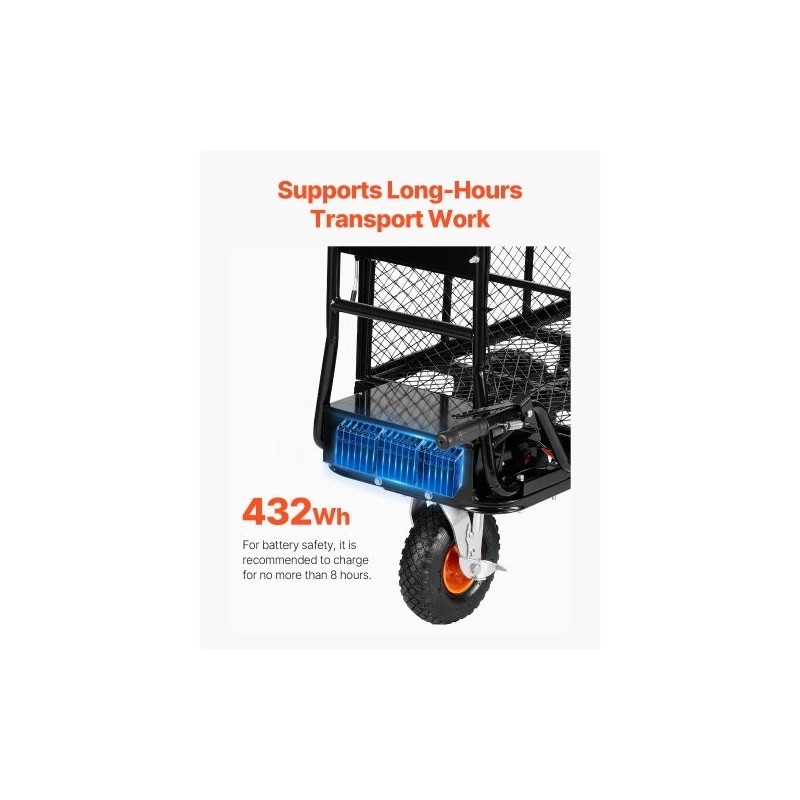 Sähkökäyttöinen teräskärry 226 kg kantavuus 36V 432Wh akku harjaton 500W moottori