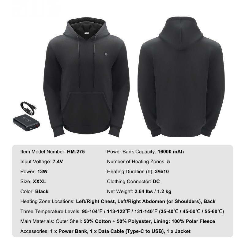 Lämmitettävä huppari XXXL musta 50% puuvillaa 50% polyesteriä fleecevuori 5 lämmitysaluetta