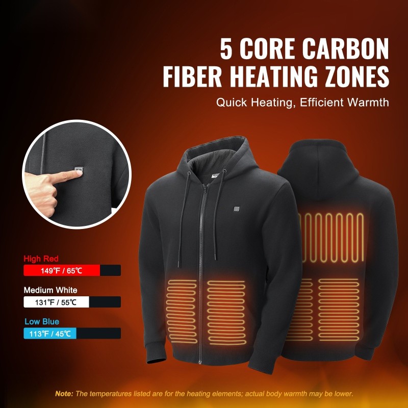 Lämmitettävä huppari viisi lämmitysvyöhykettä puuvilla polyesteri fleecevuori koko S musta