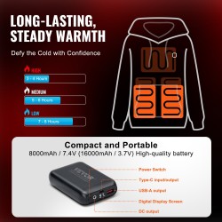 Lämmitettävä huppari puuvilla polyesteri M musta 5 lämmitysvyöhykettä 16000 mAh