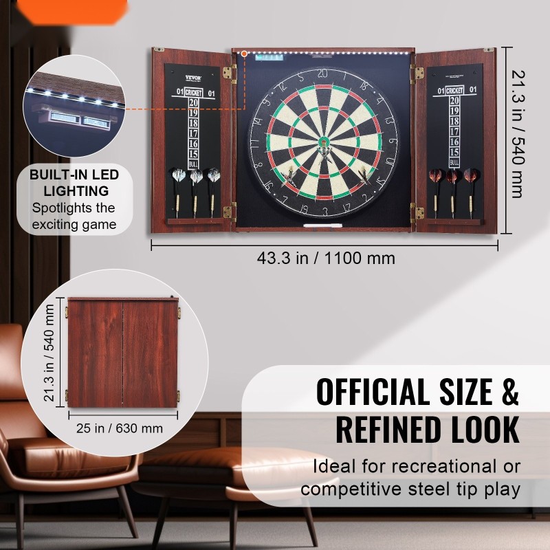 Tikkataulu ja kaappi 45 cm sisal integroitu LED valaistus 6 teräskärkistä tikkaa