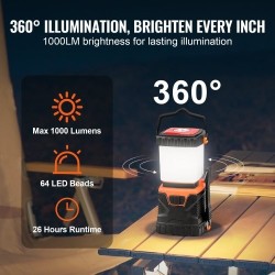 LED-retkilyhty 1000LM 360° valaistus ladattava 4400mAh akku USB-lataus 4 valaistustilaa