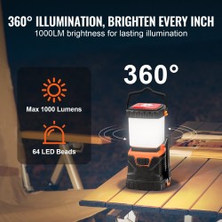 LED-leirivalaisin 360 asteen valaistus 64 LED 1000 lm 4 valaistustilaa paristokäyttö