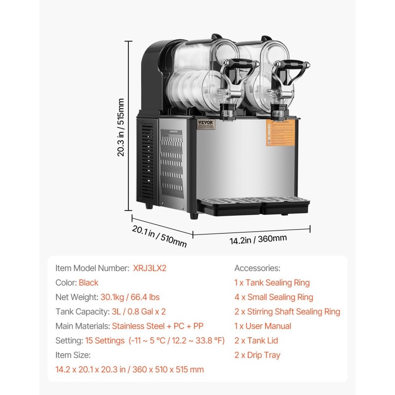 Slush-kone ruostumatonta terästä kahdella kolmen litran säiliöllä viisitoista asetusta kotiin ja kahviloihin