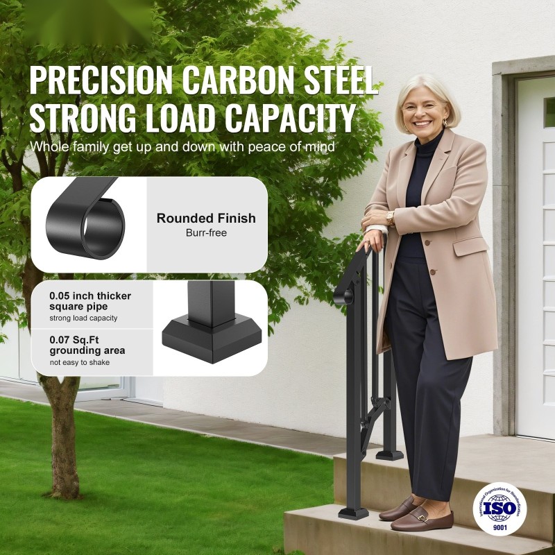 Portaiden käsijohde hiiliterästä ulkokäyttöön yhdelle tai kahdelle portaille asennussarjan kanssa musta