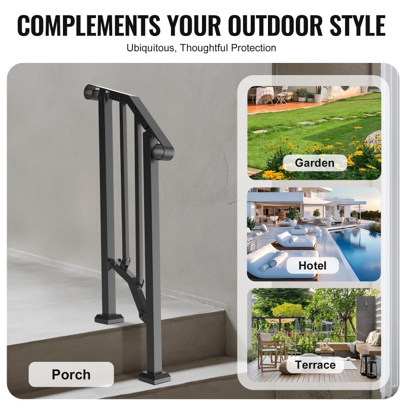 Portaiden käsijohde hiiliterästä ulkokäyttöön yhdelle tai kahdelle portaille asennussarjan kanssa musta