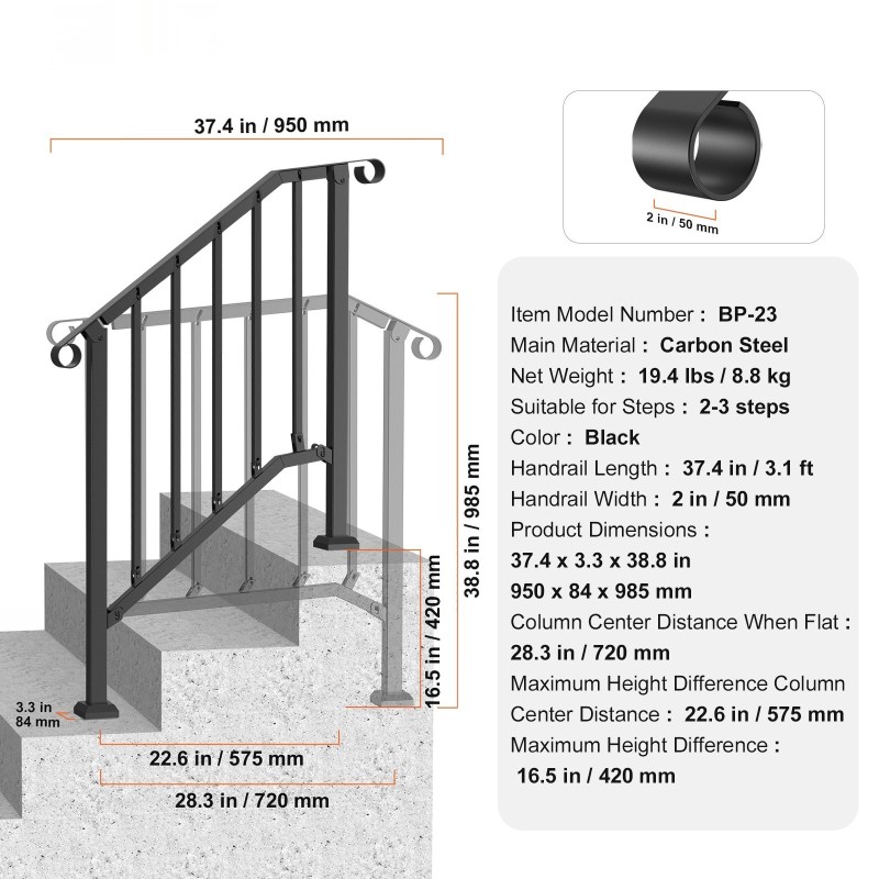 Portaiden kaide hiiliteräksinen kahden tai kolmen askelman musta säädettävä kulma