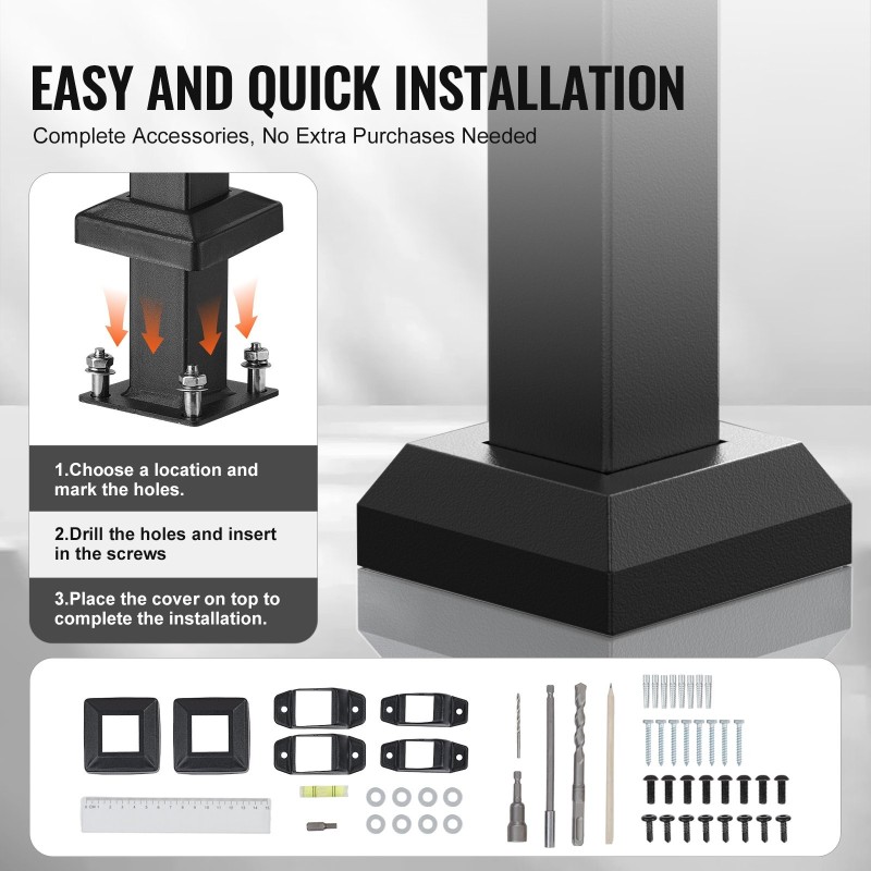 Ulkoportaiden hiiliteräskaide yhdelle tai kahdelle portaalle säädettävä musta neliöputki asennussarjalla