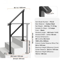 Ulkoportaiden hiiliteräskaide yhdelle tai kahdelle portaalle säädettävä musta neliöputki asennussarjalla