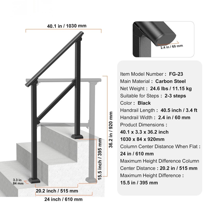 Ulkoportaiden hiiliteräskaide yhdelle tai kahdelle portaalle säädettävä musta neliöputki asennussarjalla