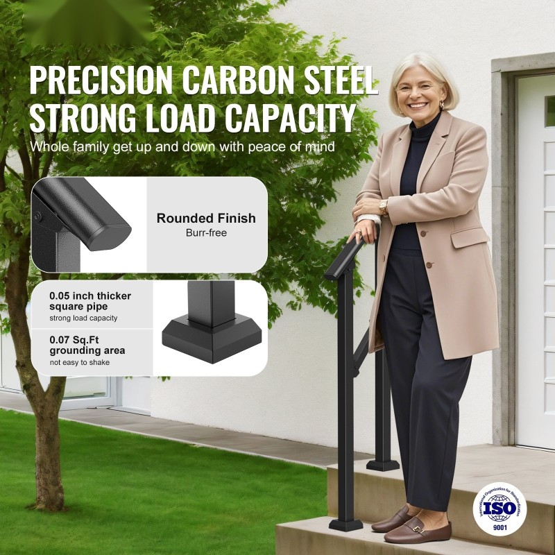 Hiiliteräksinen käsijohde ulkoportaikkoon 1–2 portaalle musta 680 mm säädettävä kulma