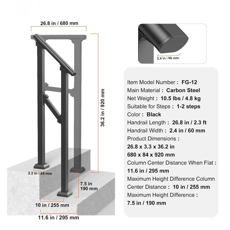 Hiiliteräksinen käsijohde ulkoportaikkoon 1–2 portaalle musta 680 mm säädettävä kulma