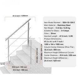 Käsijohde ruostumattomasta teräksestä 120 cm ulkoportaisiin kaksi poikkitankoa