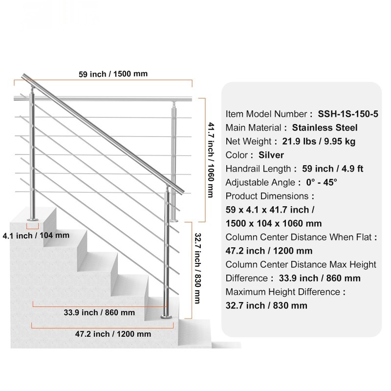 Porraskaide ruostumatonta terästä 1500 mm kaksipilarinen 5 poikkitankoa ulkokäyttöön