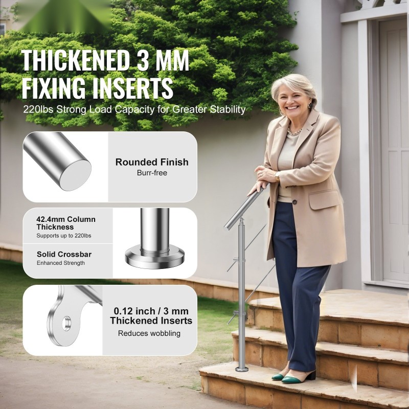 Ulkokaide ruostumattomasta teräksestä 100 cm kahdella poikittaistangolla portaikkoon säädettävällä kulmalla