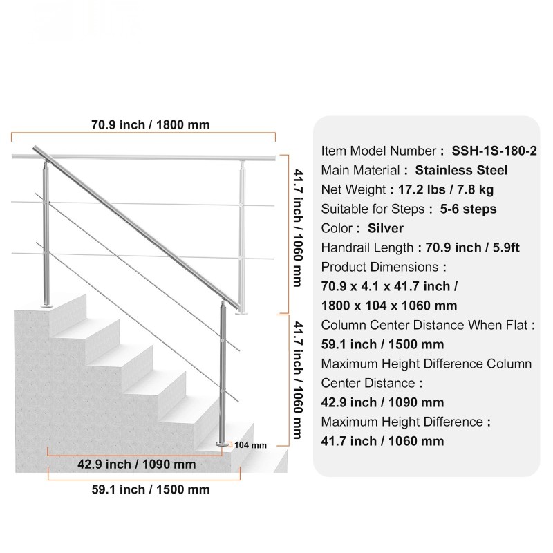 Käsijohde ulkokäyttöön ruostumattomasta teräksestä 1800 mm kaksi poikkitankoa