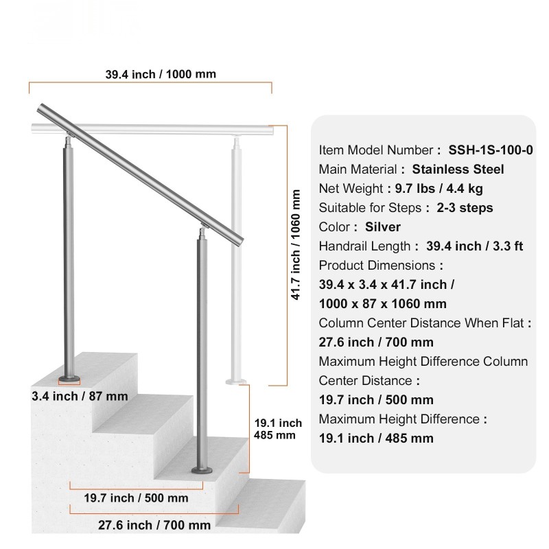 Käsijohde ulkoportaisiin ruostumatonta terästä 100 cm kahden pylvään säädettävä kulma 0–45 astetta