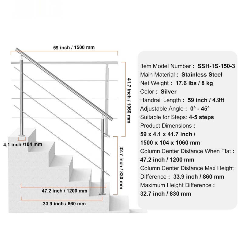Ulkokaide portaisiin 149,9 cm ruostumaton teräs kolmella poikkitangolla säädettävällä kulmalla