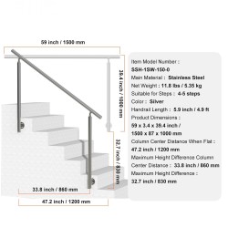 Ruostumaton teräs kaide 150 cm sivukiinnitteinen ulkoporteihin säädettävällä kulmalla