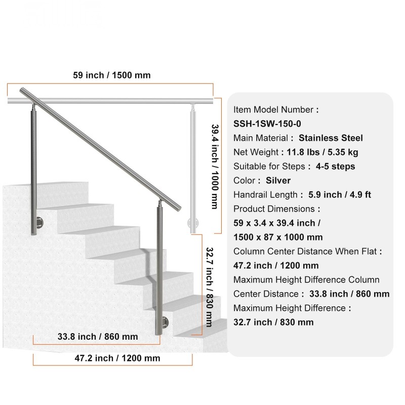 Ruostumaton teräs kaide 150 cm sivukiinnitteinen ulkoporteihin säädettävällä kulmalla