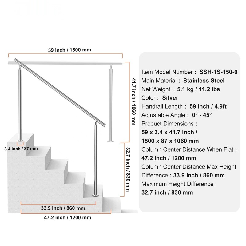 Käsijohde ulkoportaisiin ruostumatonta terästä 150 senttimetriä kaksipylväinen säädettävä kulma kiinnitystarvikkeet